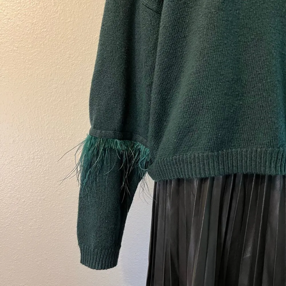 Cotton Jewel Emerald Green Soft Knit Ostrich Feather Sleeve Trim Sweater Size M Size M - Image 4