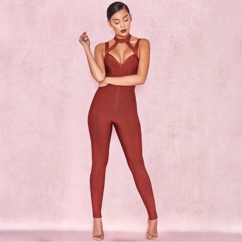 House of CB Cypresa Rust Lurex Collar Strap Jumpsuit Style SB2918 - Image 2