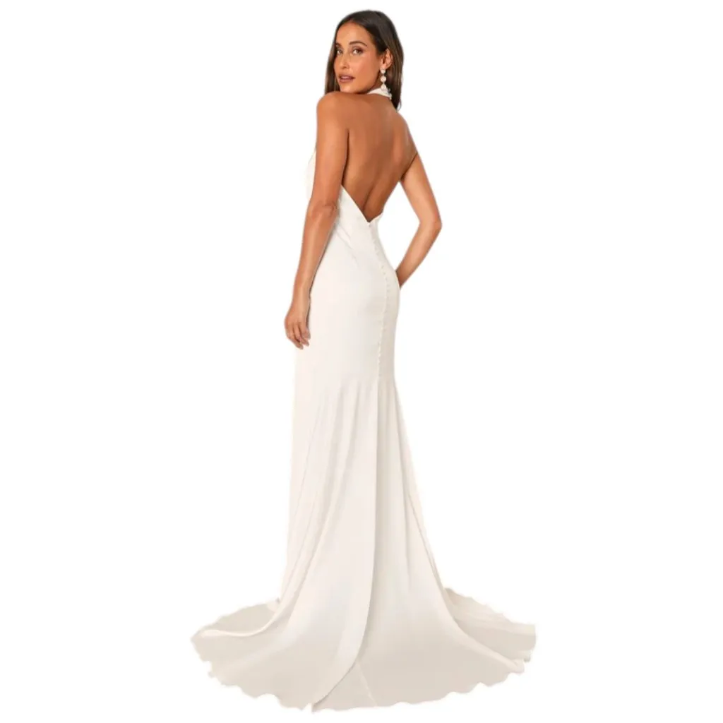 Lulus White Satin Halter Mermaid Wedding Dress Size XS Minimalist Wedding Gown - Image 2
