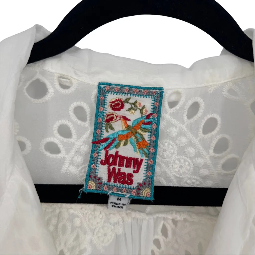 Johnny Was Marietta Short Sleeve Eyelet Button Down Shirt White Medium Spring - Image 9