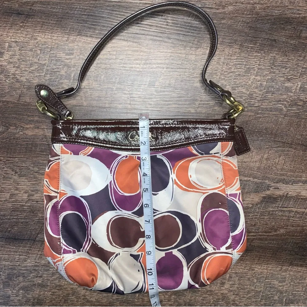 COACH Ashley Signature Satin Monogram Hobo Patent Leather Purse Purple Brown - Image 8