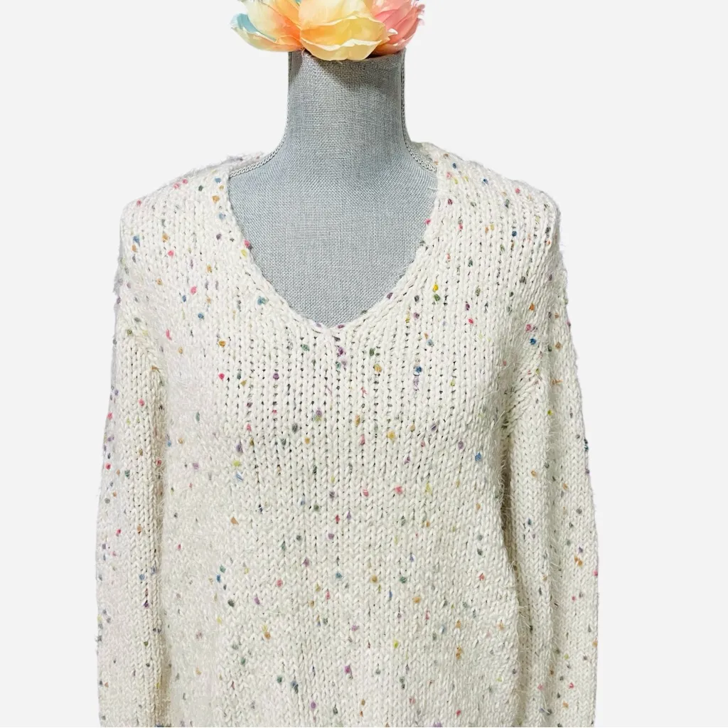 Doe & Rae Cream Confetti Knit Sweater Pullover Long Sleeve V-Neck Women’s Size L - Image 9