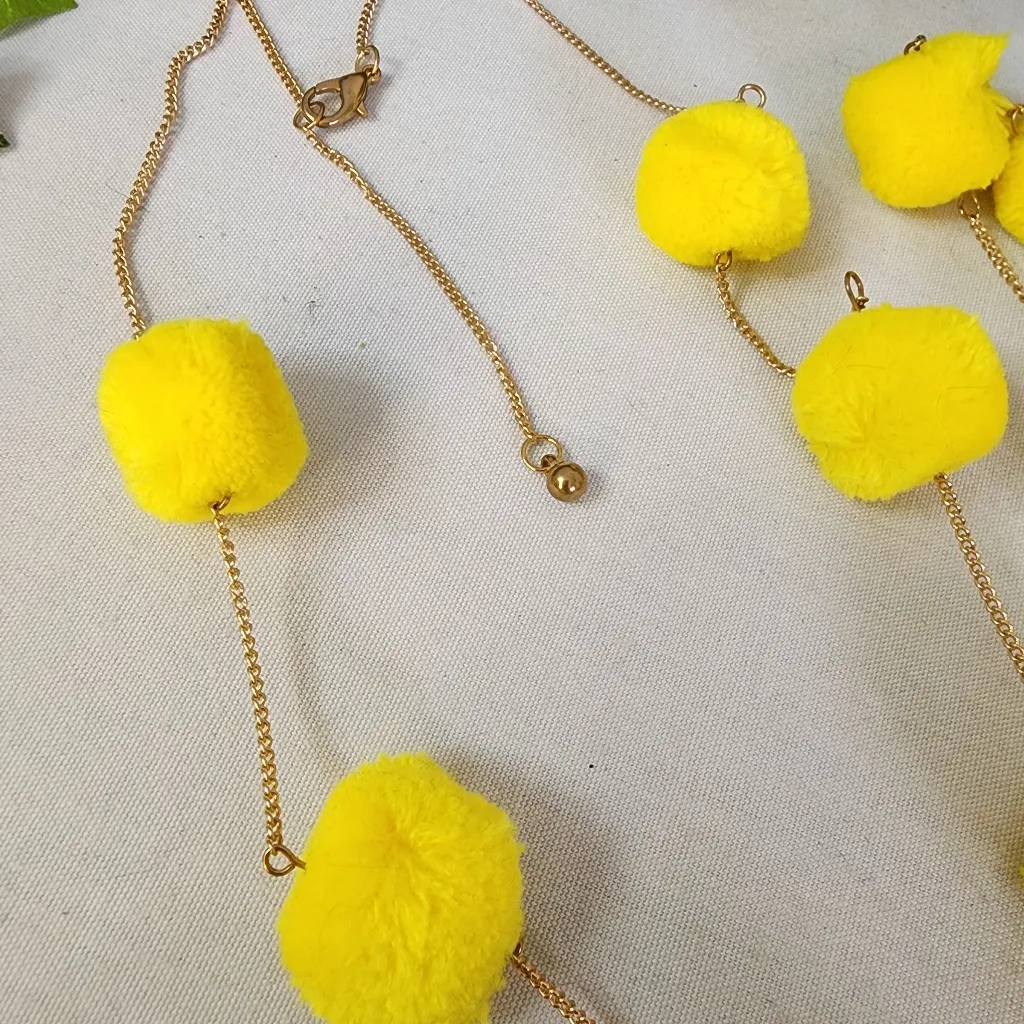 Lemon Yellow Color Pompom on Gold Chain Necklace Earrings Set - Image 5