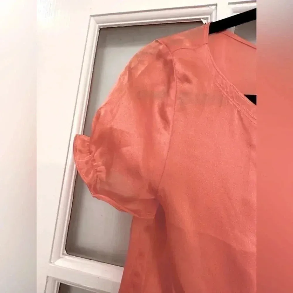 J. Crew Y2K 100% Silk Pink Salmon Short Sleeve Semi Sheer Blouse Size 0 XXS XS - Image 7