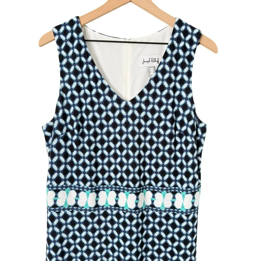 Joseph‎ Ribkoff Blue Geo Print Sheath Midi Dress V-Neck Sleeveless, Size 14 - Image 5