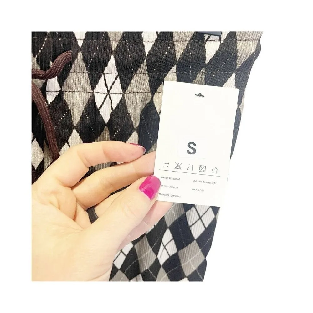 Nunu Yong Brown Argyle Plaid Lounge Pants S Wide Leg Drawstring Casual Stretch - Image 4