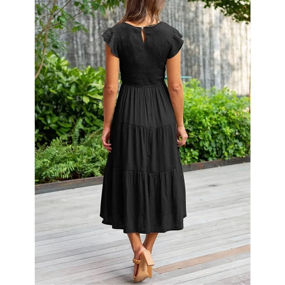 NEW Black Flutter Crew Neck Smocked Tiered Midi Dress M - Image 5