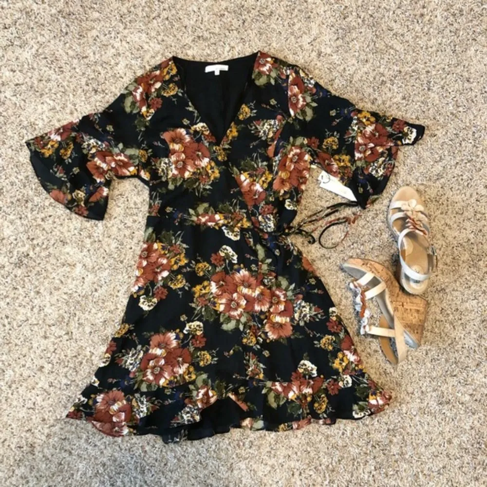 June & Hudson Wrap Mini Dress Floral Print Black Orange Brown Size L NWT $90 - Image 4