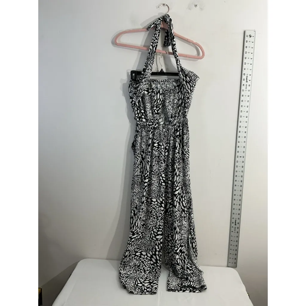 Womans Blue Island One Pc Halter Jumpsuit XS Black White Peekaboo Back Slit Legs - Image 2