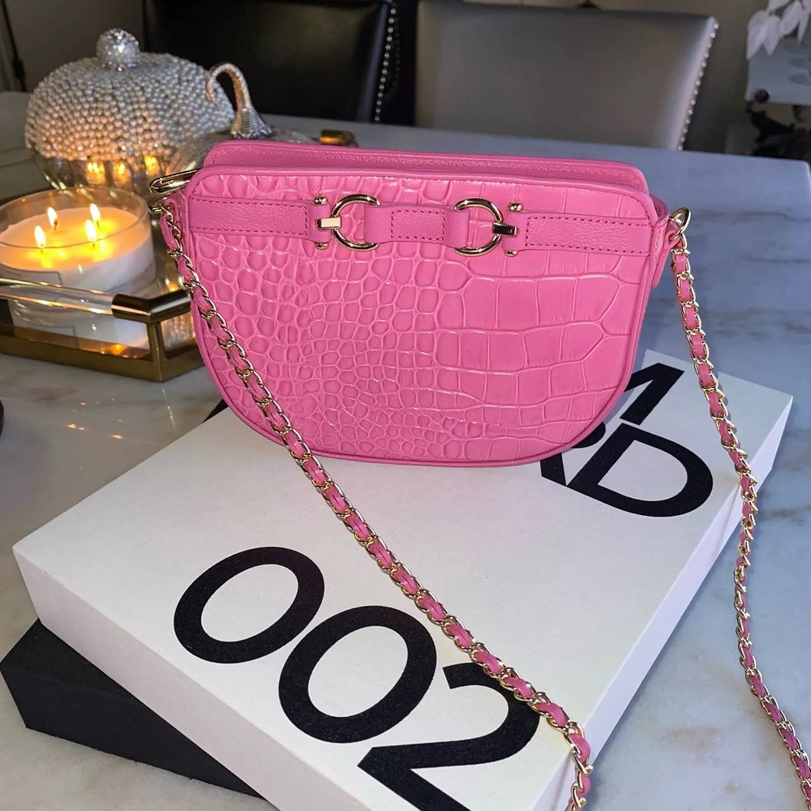 New Talbots Pink Leather Croc Embossed Crossbody Bag - Image 5