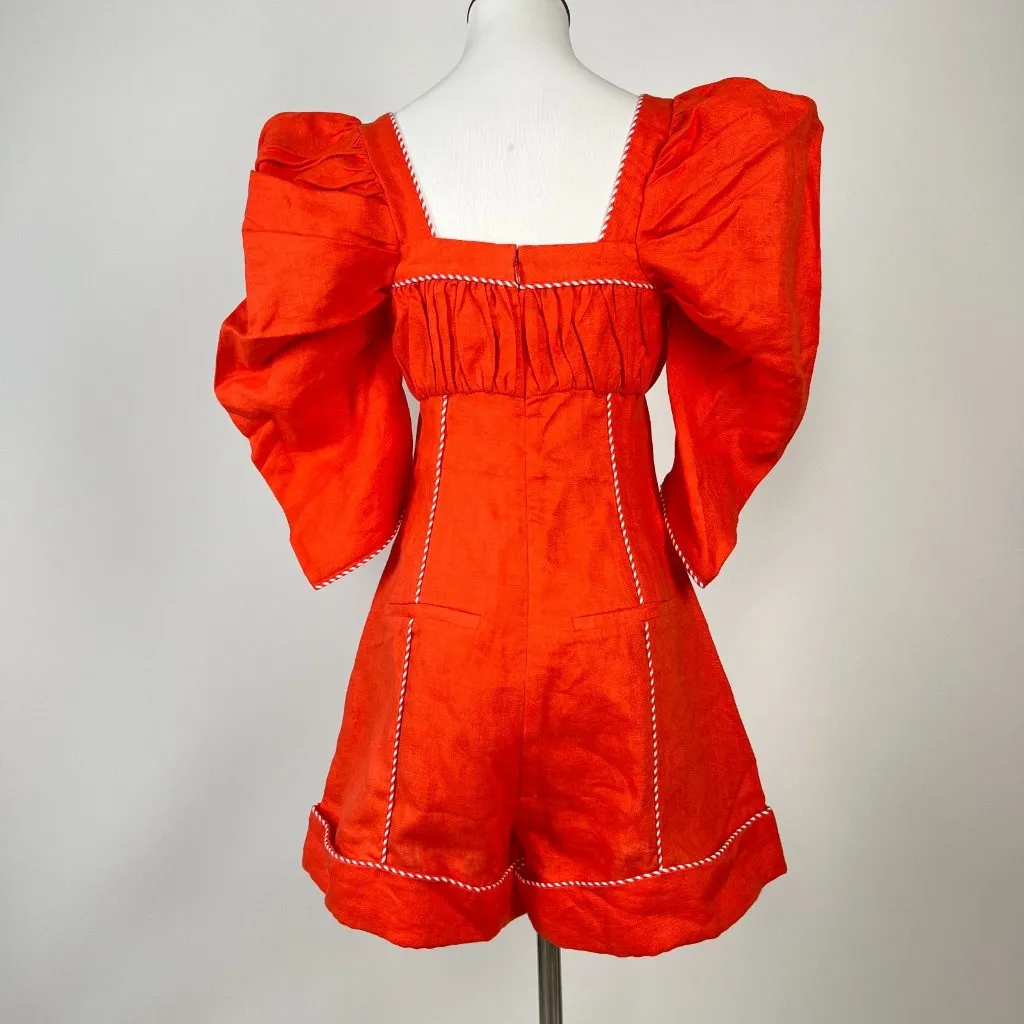 NWT Farm Rio 100% Linen Puff Sleeve Linen Romper Size XS Red - Image 15