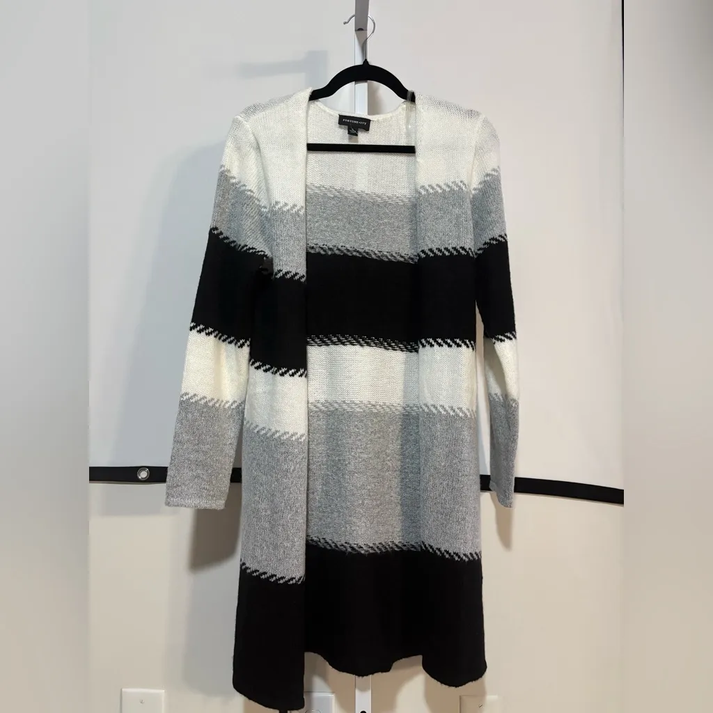Fortune + Ivy Striped Open Front Long Cardigan Sweater - Image 2