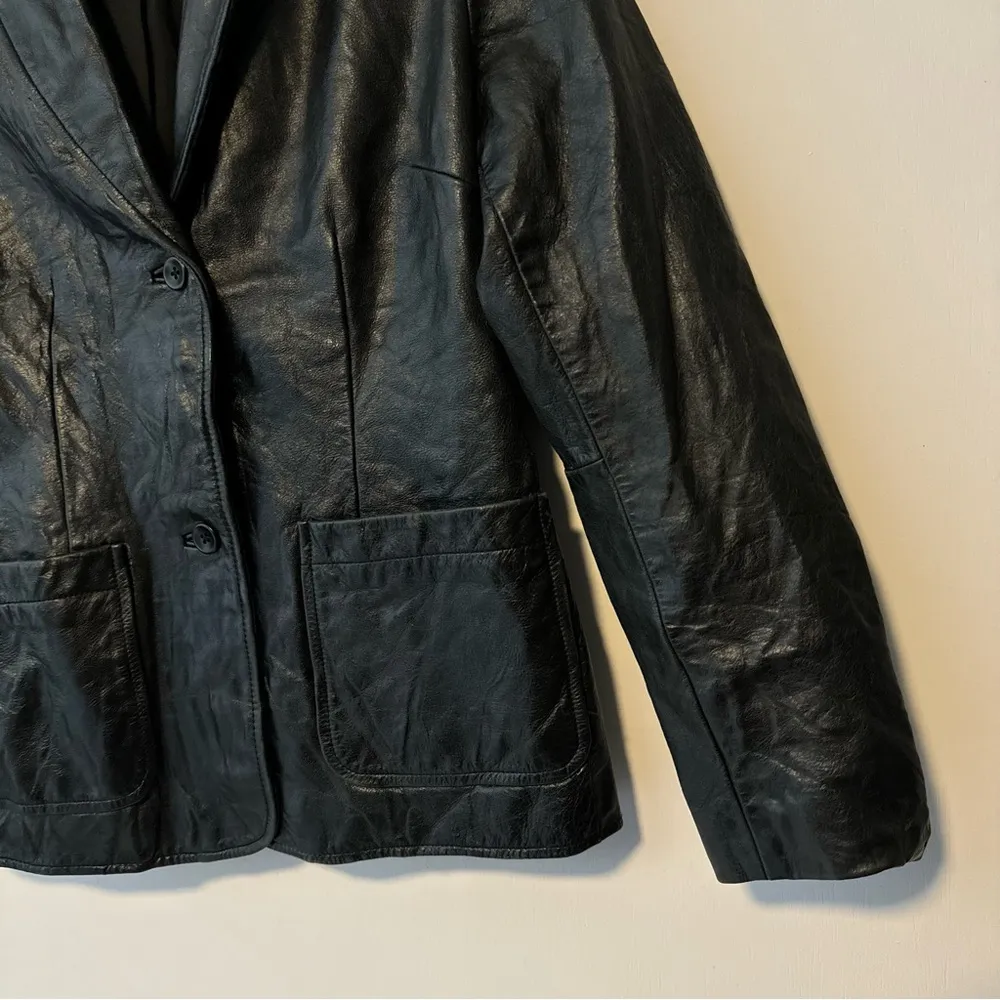 Vtg 90s y2k GAP Black Leather Jacket Womens Sz Small Double Button Collar - Image 8