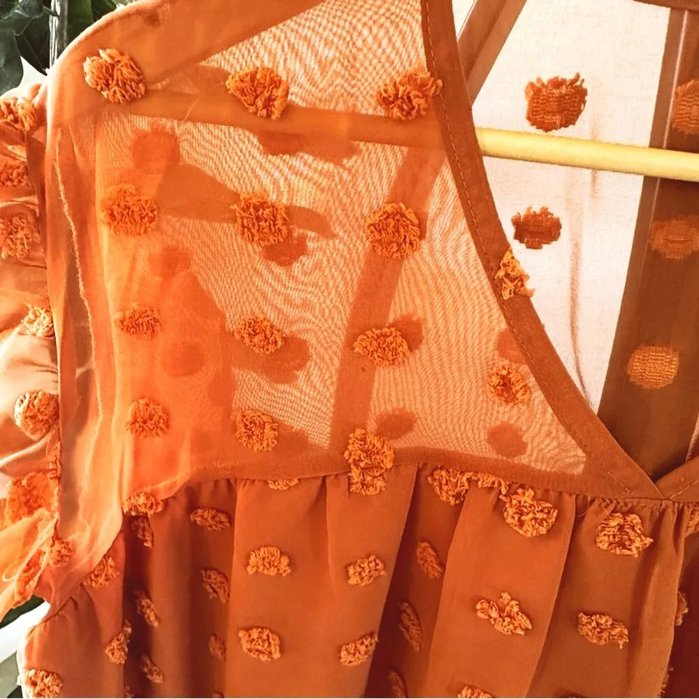 Plus 2X Spice Brown Rust Colored Ruffle Cap Sleeve Blouse Textured Dots Pattern Orange - Image 3