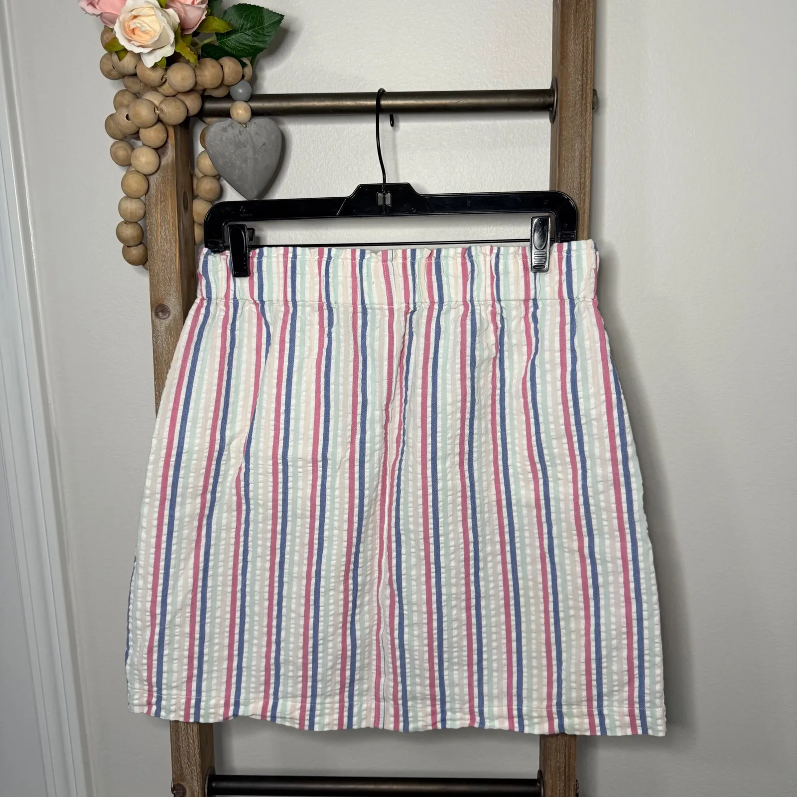 Loft Outlet Striped Seersucker Skirt Womens Size Medium Elastic Waist Pockets - Image 4