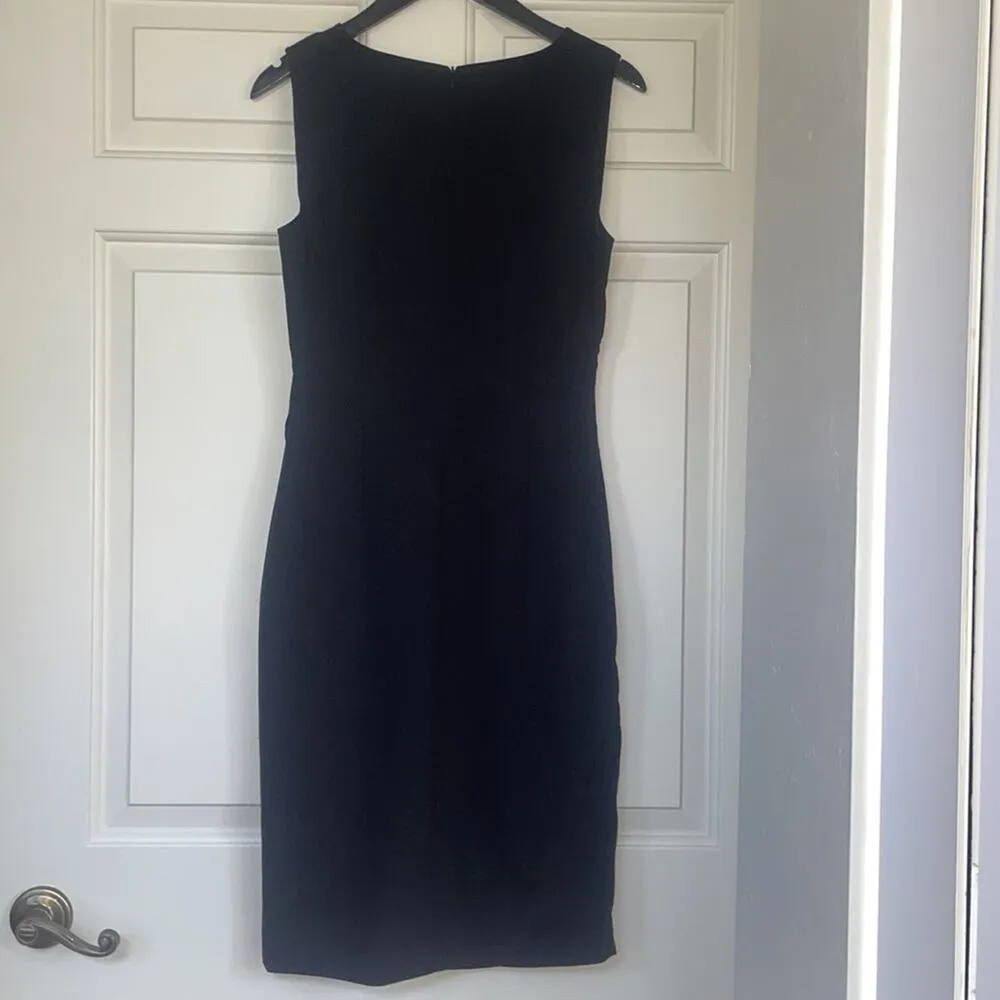 ST. JOHN $1250 Stretch Crepe Wrap Dress with Lamb Leather Trim Black Size 2 - Image 4