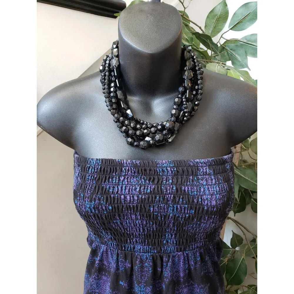 Gap Smocked Long Maxi Dress Women's Small Black Blue Geo Print Off The Shoulder - Image 3