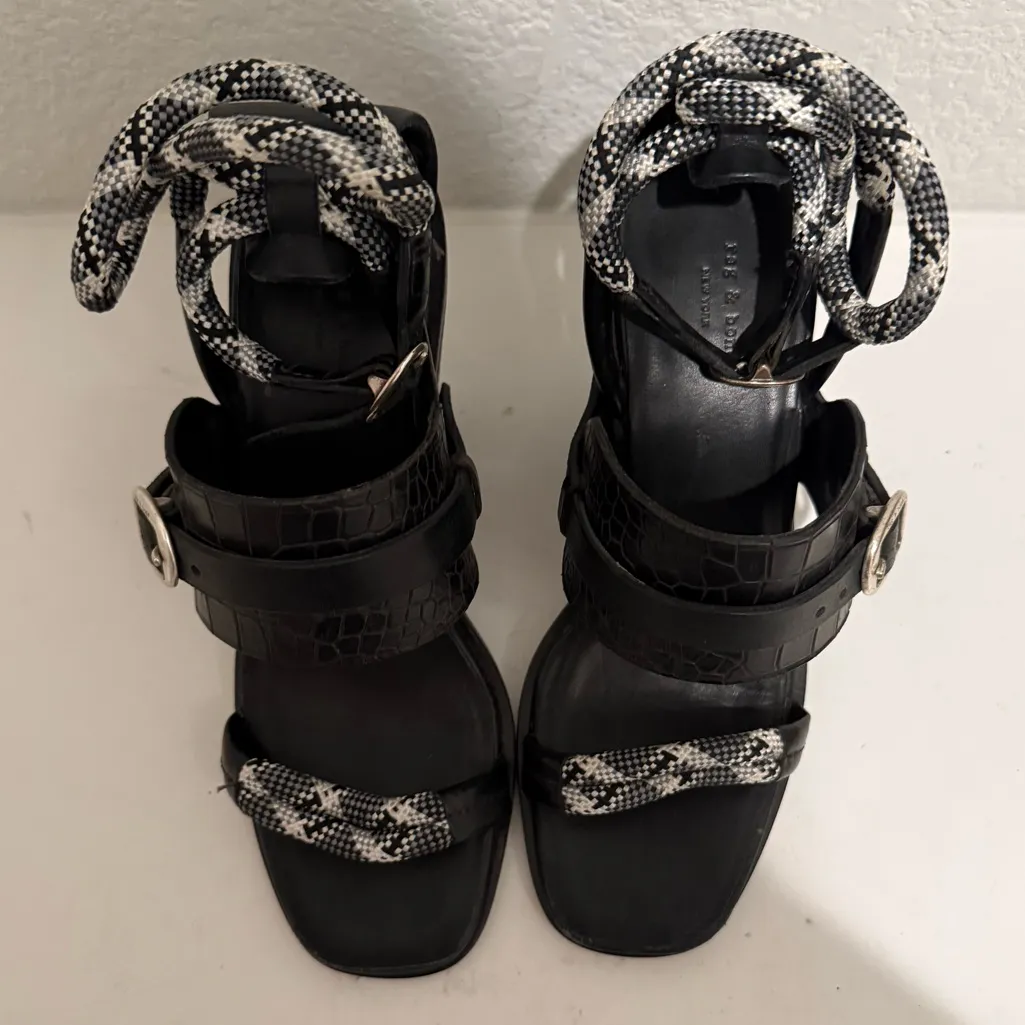 Rag & Bone Roni Rope Leather Black White Sandals Block Heel Size EU 38 / US 8 - Image 3