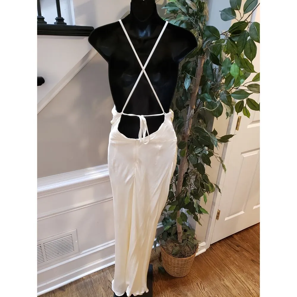 Mable Maxi Dress Women's S Beige Lined Satin Ruched Front Ankle Slit Halter Neck - Image 4