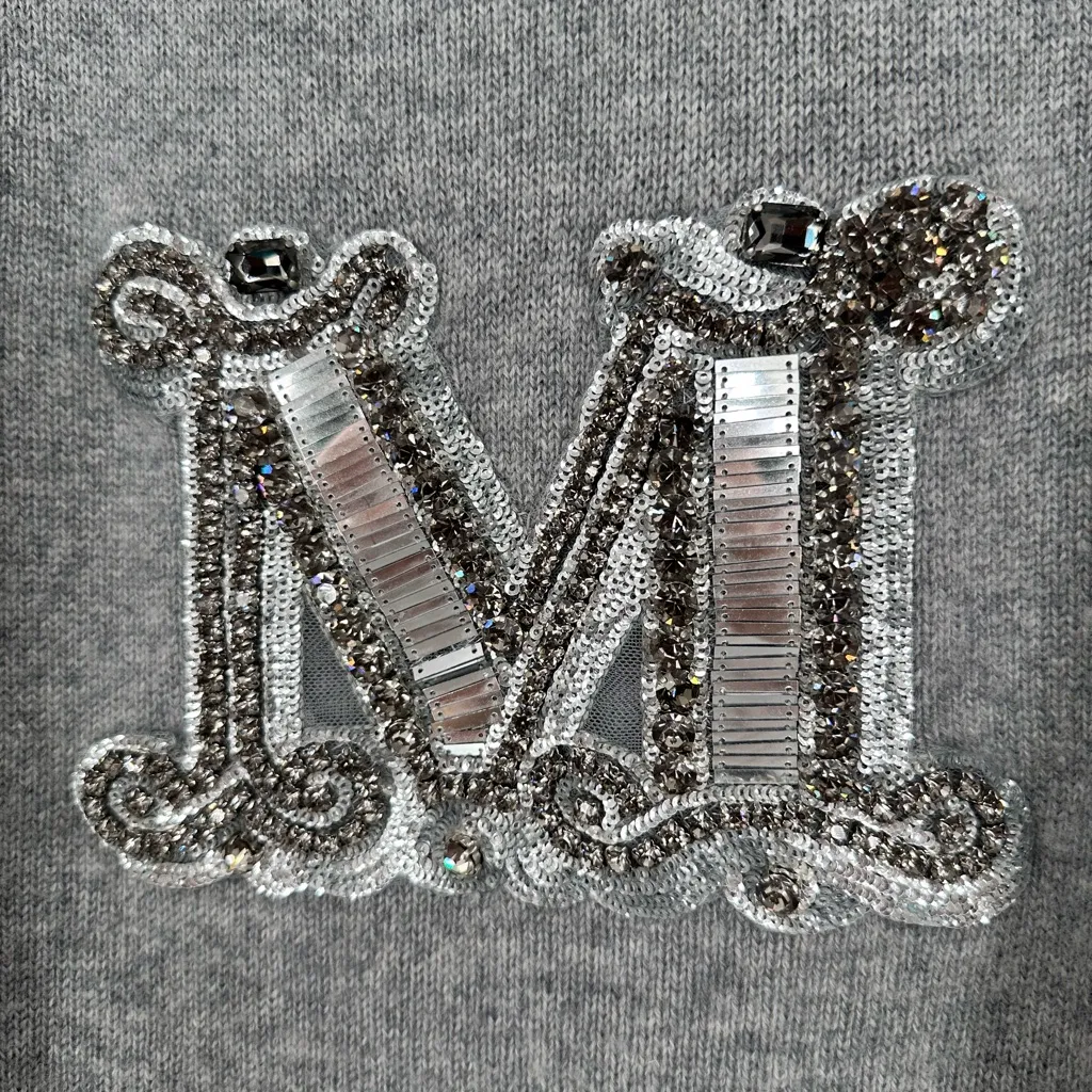 MaxMara Grey Rodeo Pullover Cashmere Sweater Long Sleeves Embellished Logo - Image 5