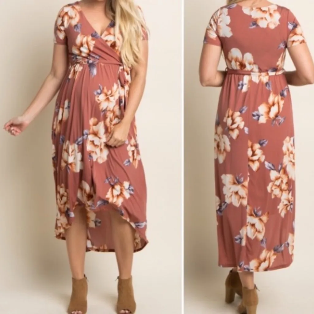 Pink Blush Rust Floral Hi-Low Maternity Wrap Dress Belt Stretch Soft Size Small - Image 2