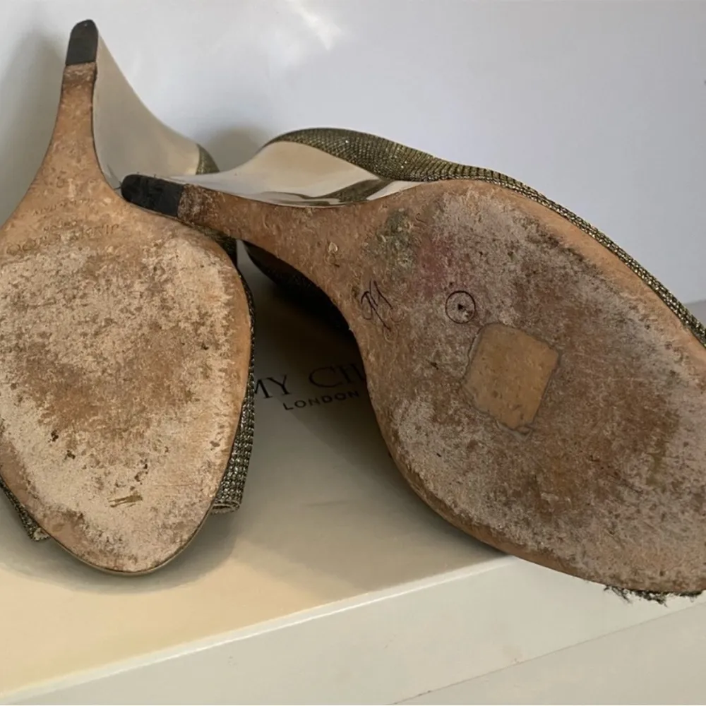 Jimmy Choo Gold Glitter Baxen Peep Toe Wedge Pumps  (9) - Image 6