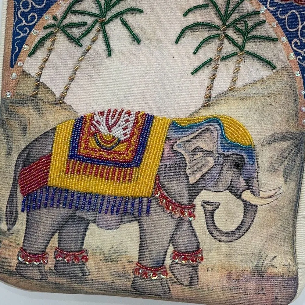 Vintage Ornate Retro Beaded Embroidered Elephant Purse Bag Tote with Wooden Bamb - Image 4