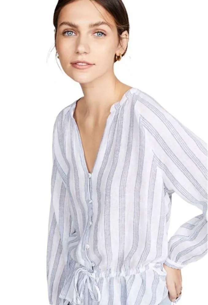 Marti Cayman White/Blue Stripe Long Peasant Sleeve Linen Button Front Top - Image 4
