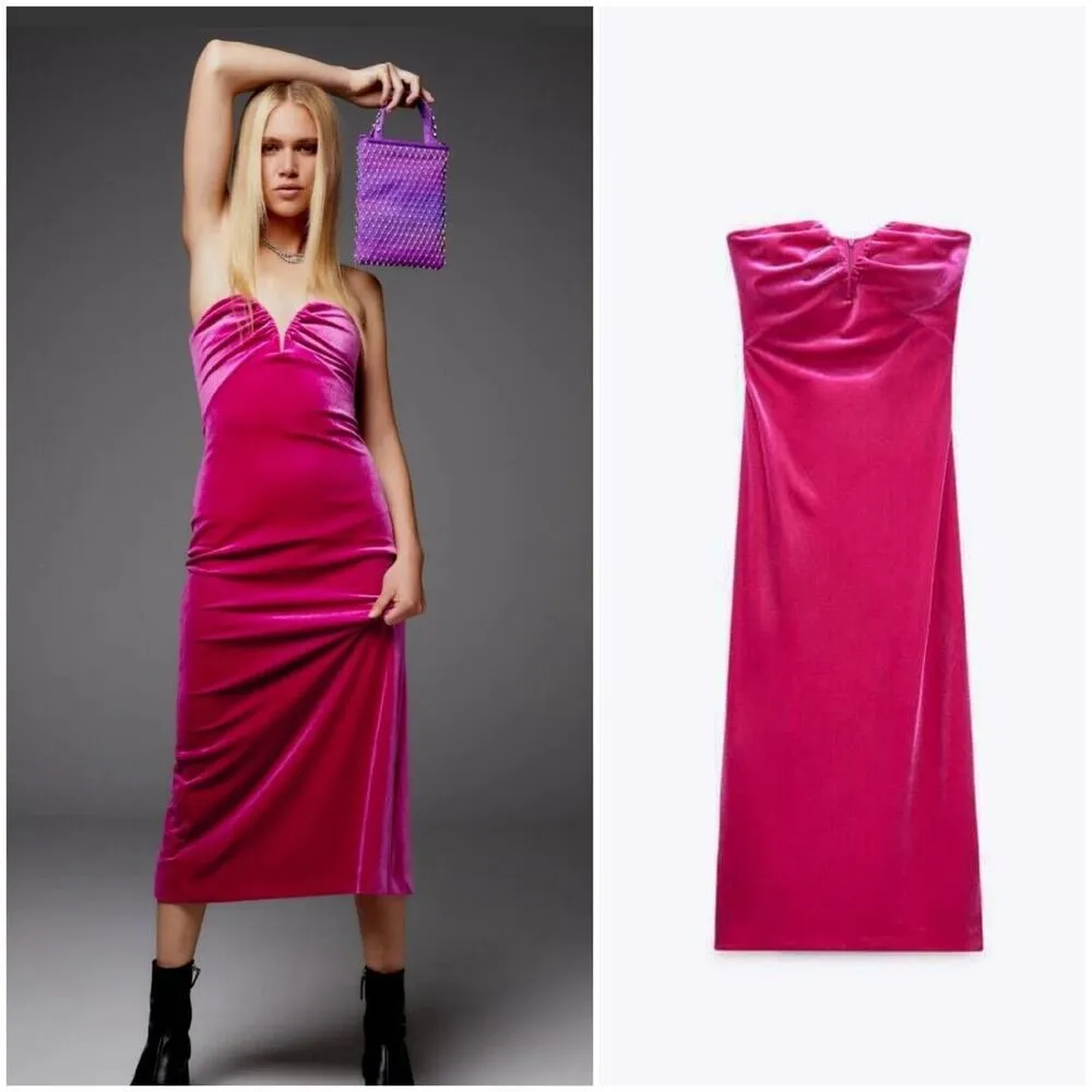 ZARA Women's Velvet Pink Sleeveless Back Zipper Sweetheart Neck Midi Dress Sz S - Image 10