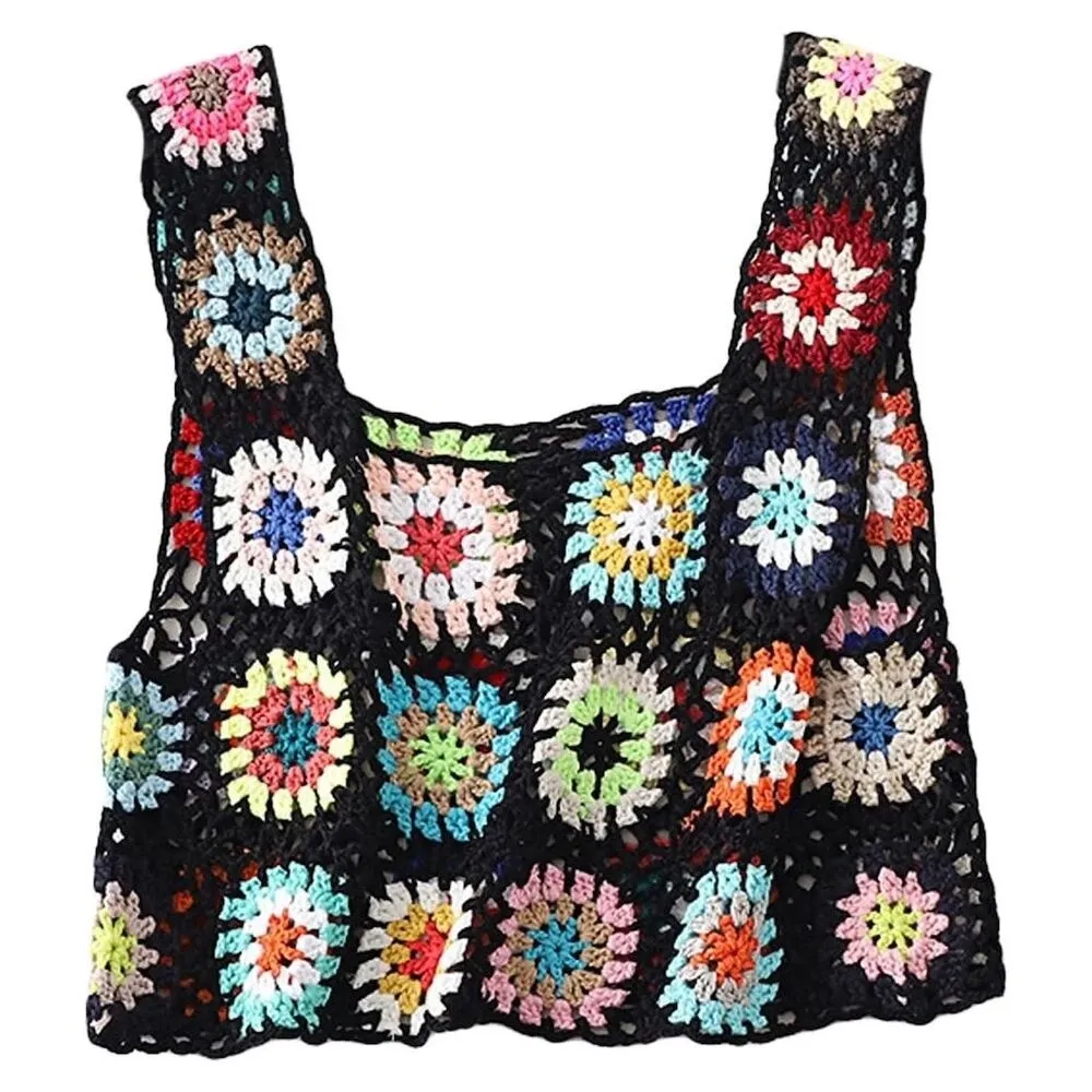 Retro Vintage Handmade Crochet Granny Square Crop, Size M Black Size M - Image 4