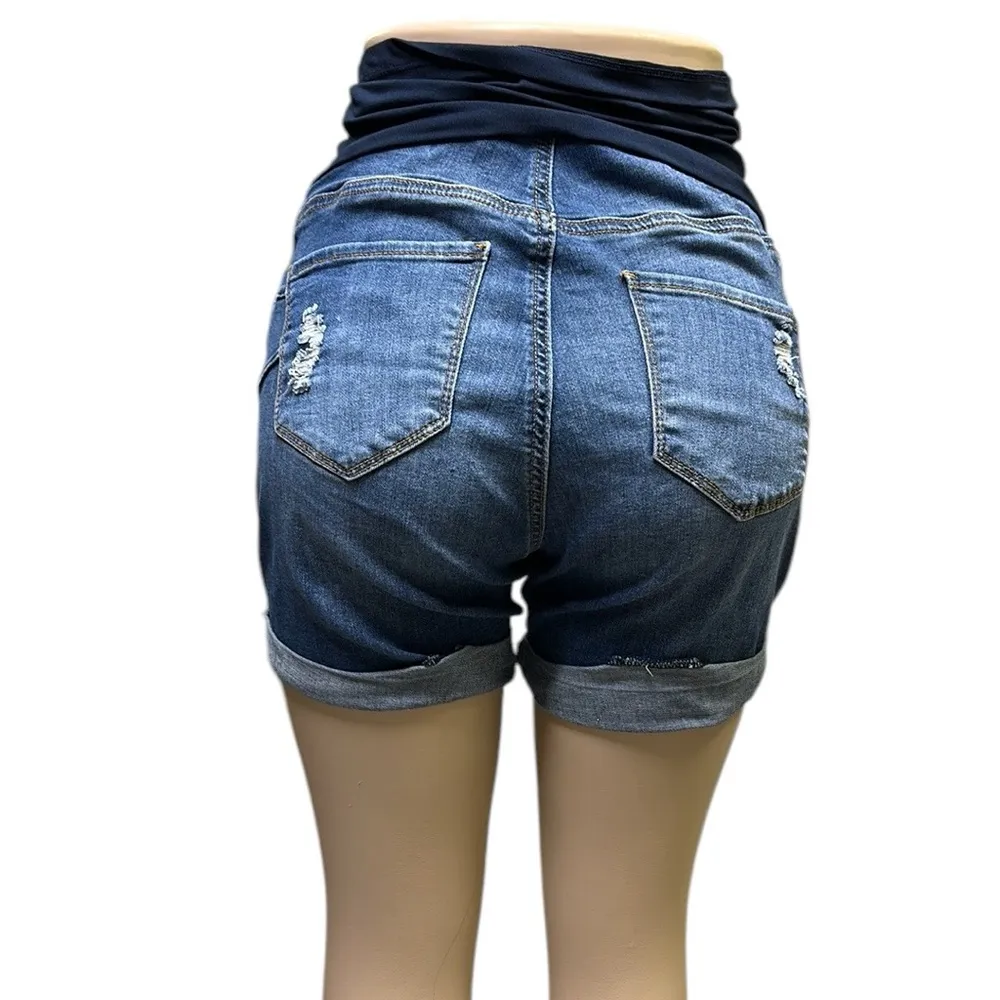 Song Maternity Denim Distressed Cuffed Blue Jean Full Belly Band Shorts Medium Size undefined - Image 2