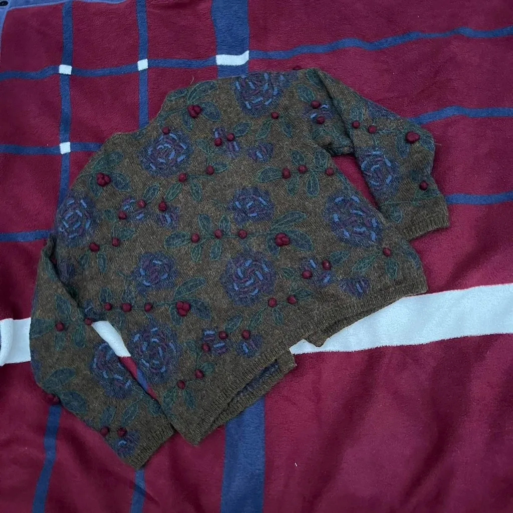 Vintage Express Tricot Floral 3D Berry fuzzy sweater Mohair Cardigan y2k granny Blue Size M - Image 2