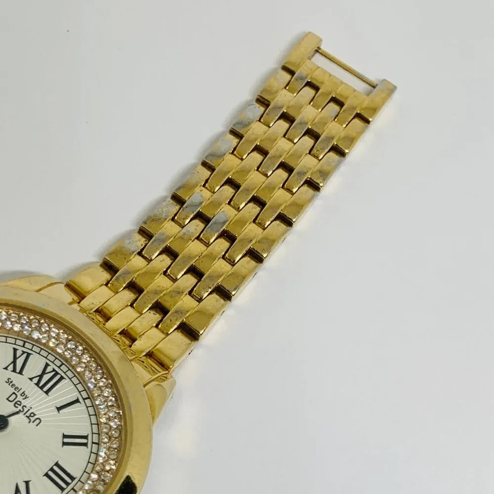 Steel By Design Gold tone 39mm oval women’s Watch rhinestones 6.5” running - Image 3