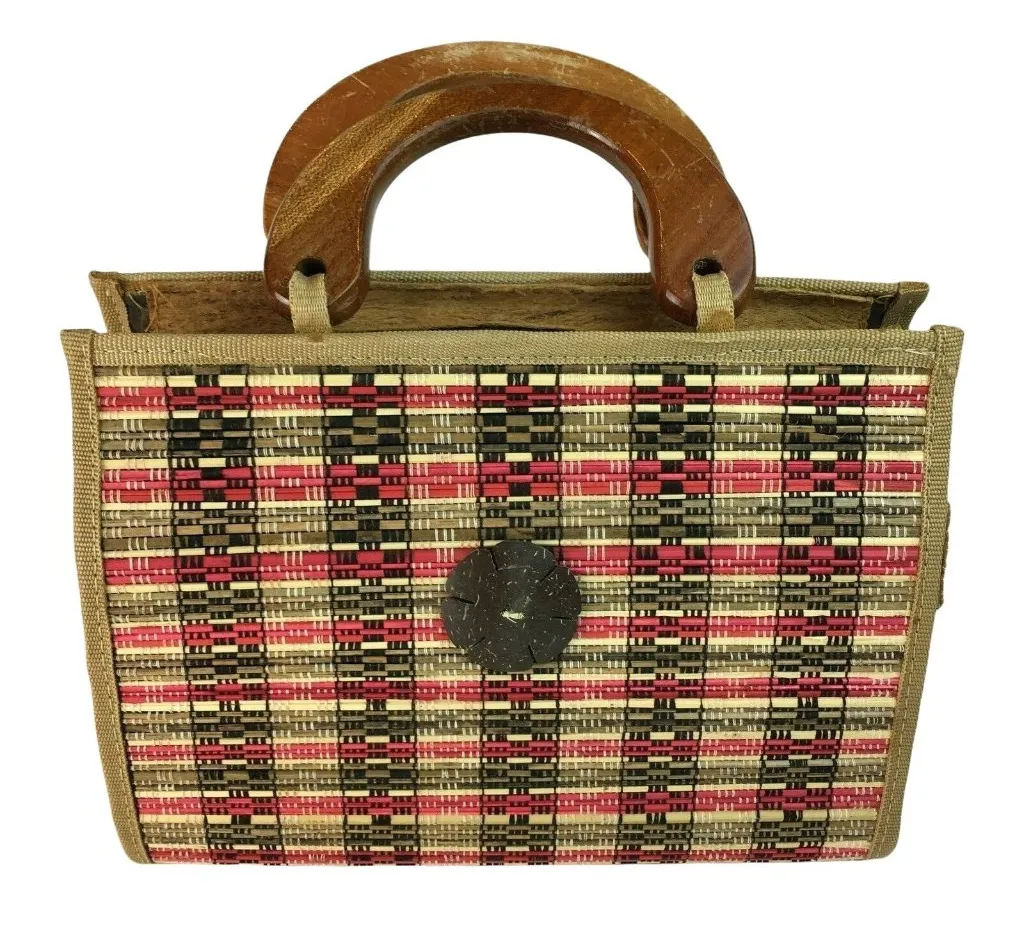 Mid Century Modern Handmade Purse Woven Straw Wood u Lined Wood Handle MCM u Brown - Image 1