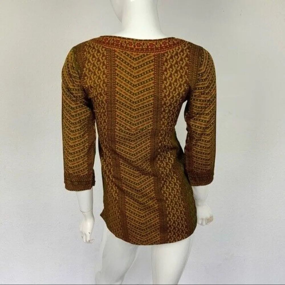 Kashish XS Boho Ethnic Print Tunic Top 3/4 Sleeve Festival Hippie Peasant Blouse Orange - Image 4