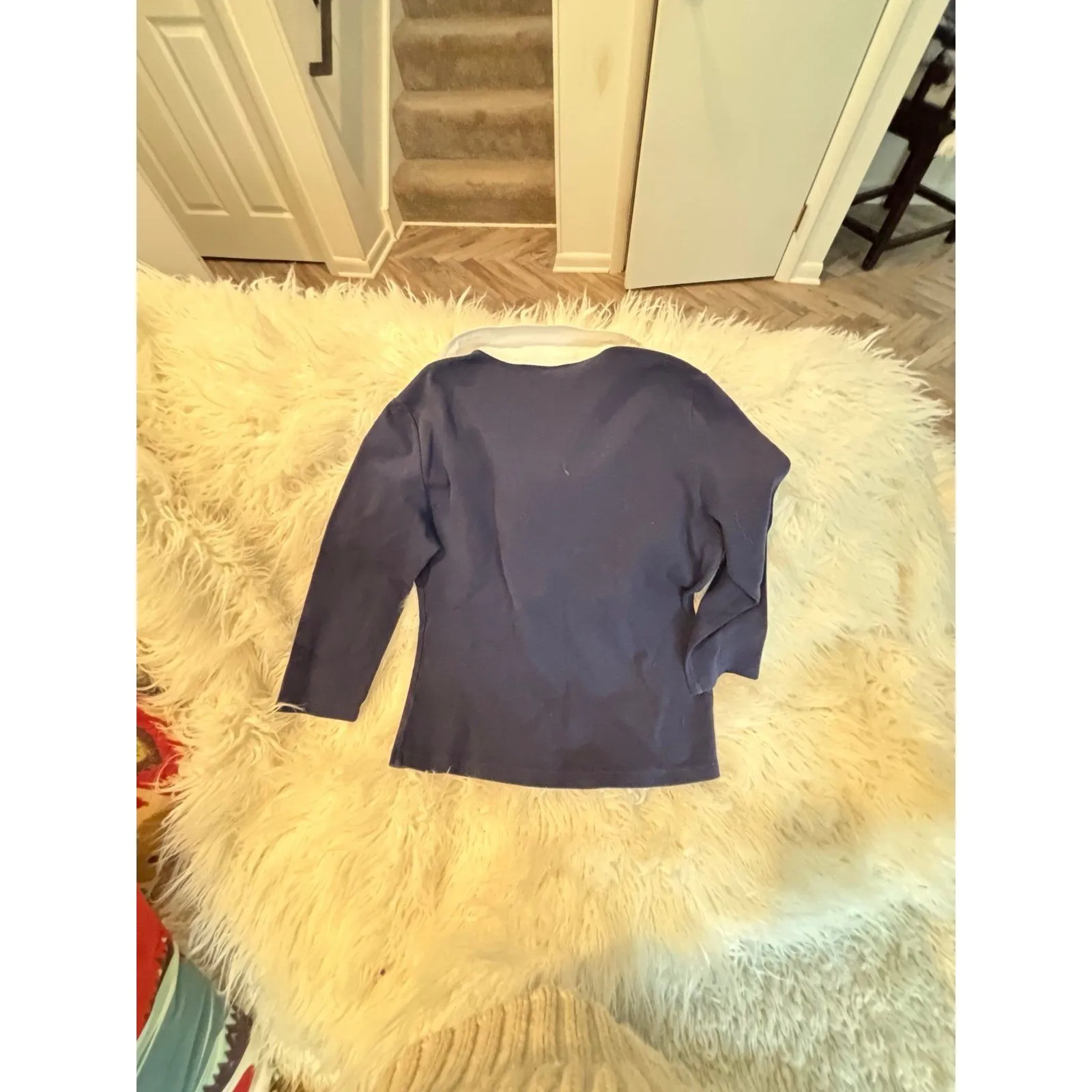 Ralph Lauren Preppy Navy Blue White Collar Ribbon Detail 3/4 Sleeves Polo Top XL - Image 3