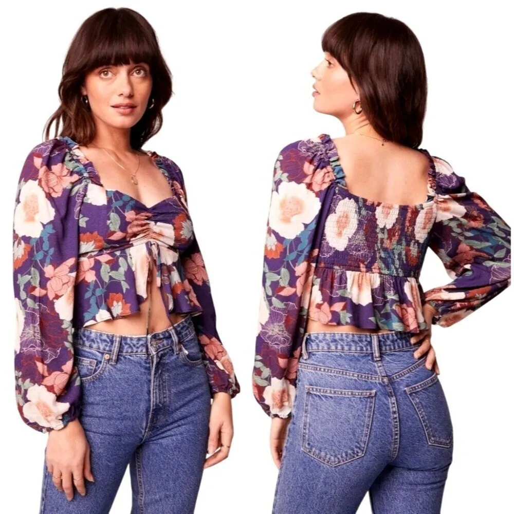 Band Of The‎ Free Shirt Women Medium Purple Floral Puff Sleeve Cropped Top NWT - Image 2