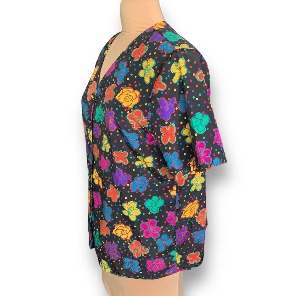 Vintage 90s Shirt Black Rainbow Dark Floral Abstract Art To Wear Button Up 14 - Image 6