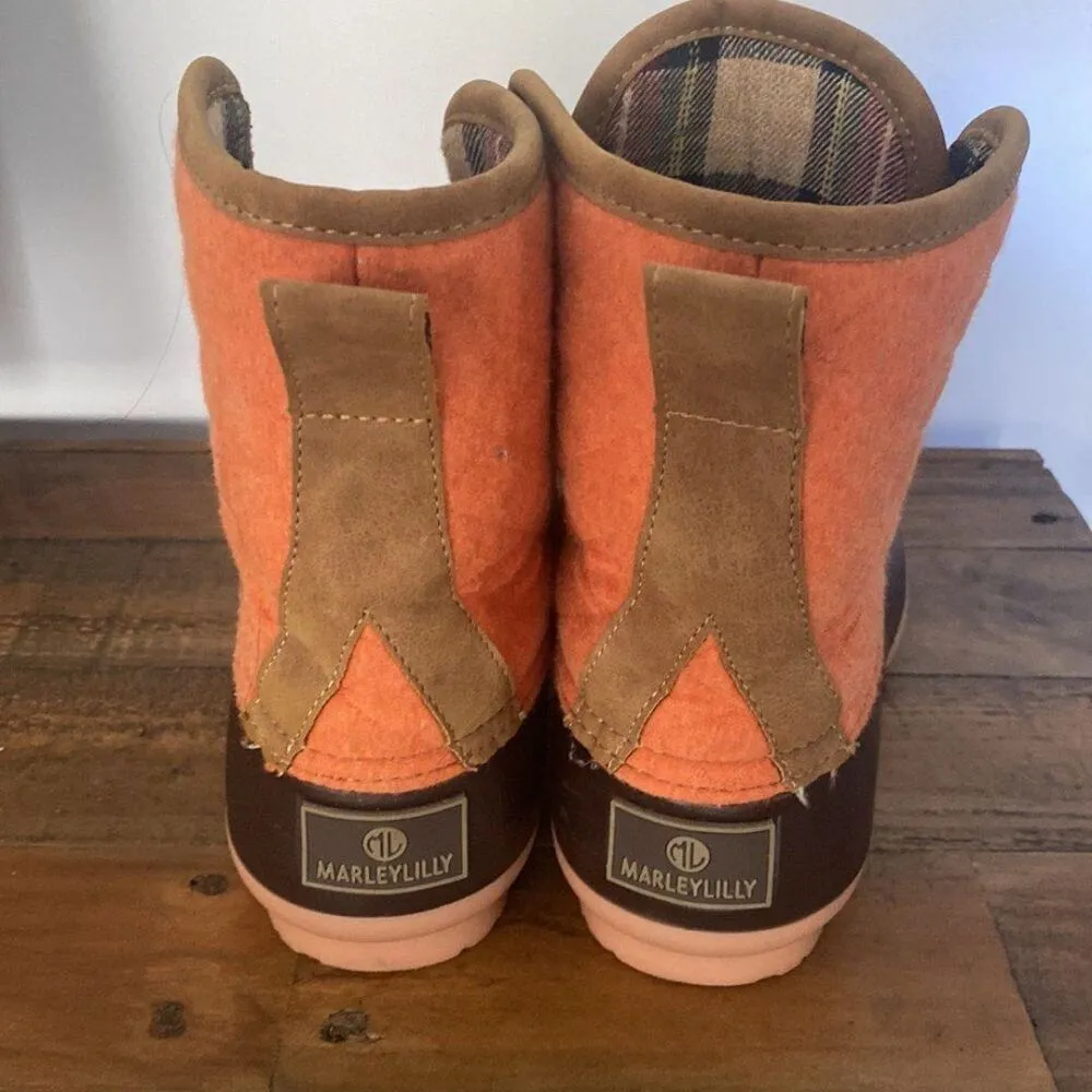 Marley Lilly Women's Brown Orange Plaid Tie Duck Rain Snow Boots Shoes Sz 8 - Image 4