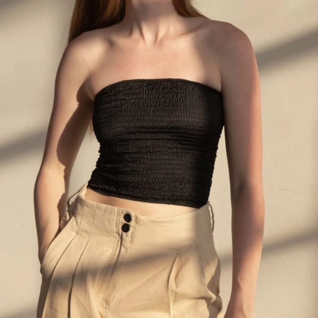 Donni Tube Top cotton smocked strapless crop pop womens Blue (small) - Image 3