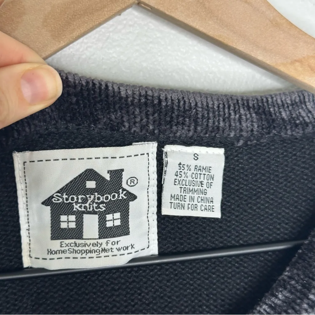 Storybook Knits Vintage Knit Cardigan Sweater Sz S Embroidered Roses Black Gma - Image 5