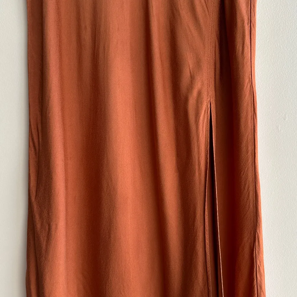 Socialite Terracotta/Pumpkin Orange Silky Bias Cut Midi Slit Skirt, Size XL - Image 4