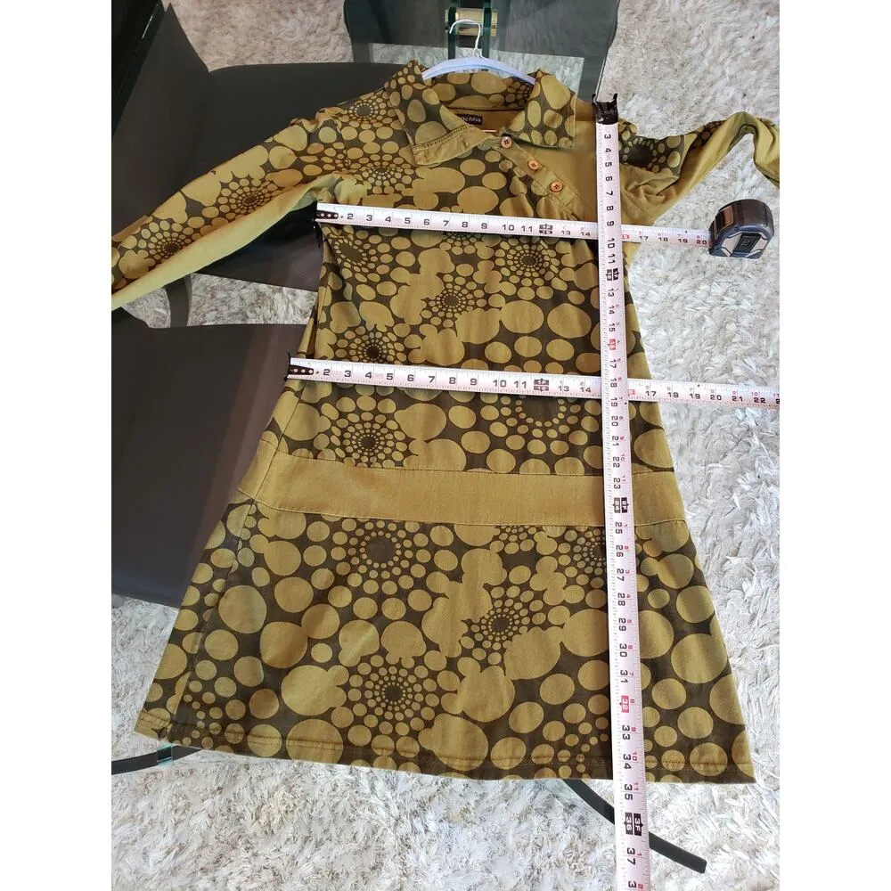 Hunchha Midi Dress Womens Small Green Geometric Collared Asymmetric Button Front - Image 7