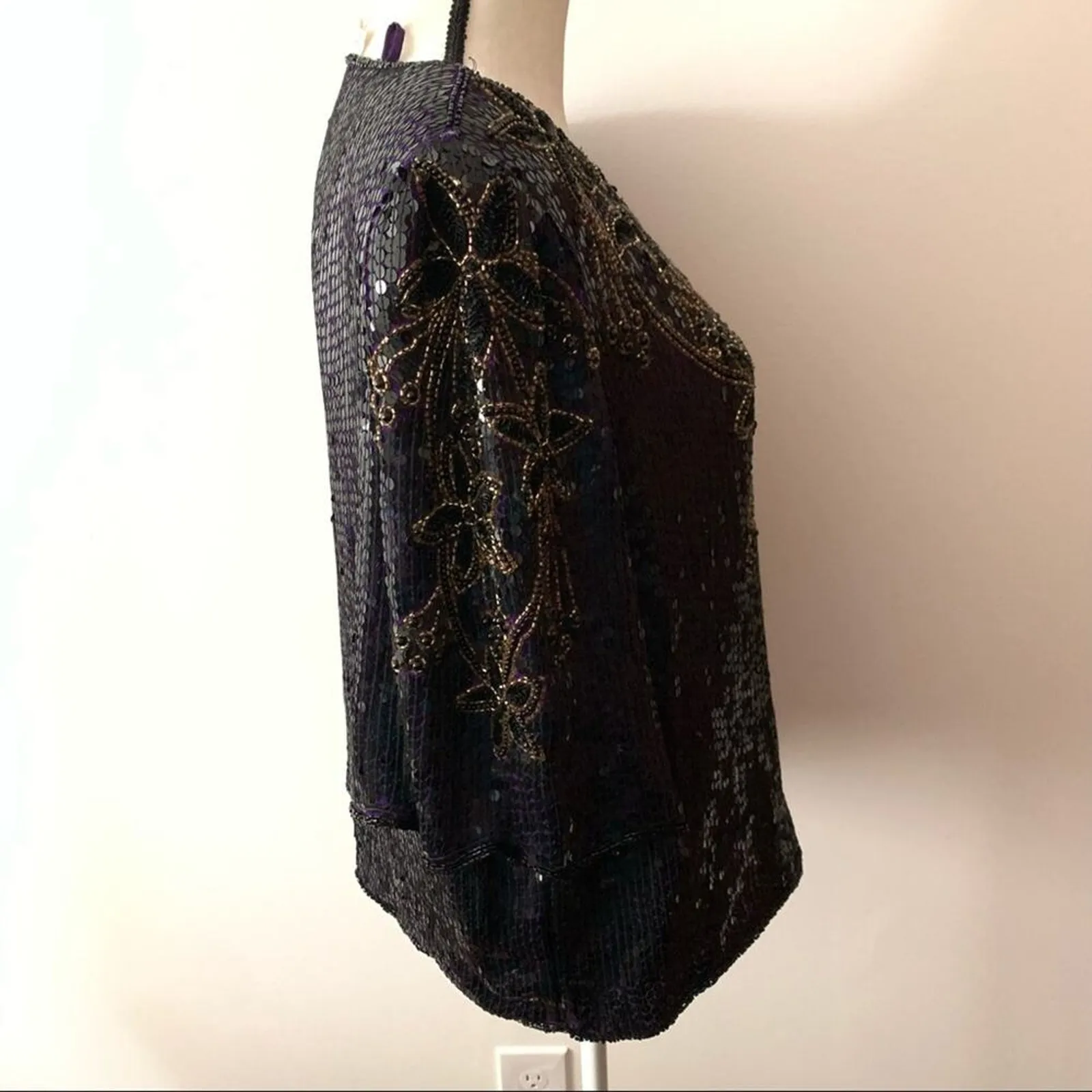 Vintage Scala Silk Top Black Purple Beaded Sequins - Image 5