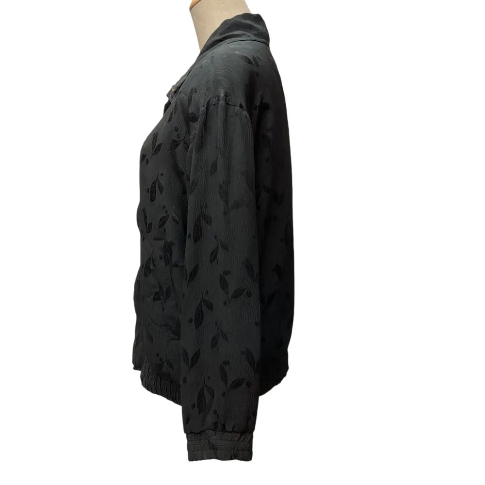 Vintage Fuda International‎ Full Zip Bomber Jacket Sz S Black Gray Leaf Pattern - Image 3