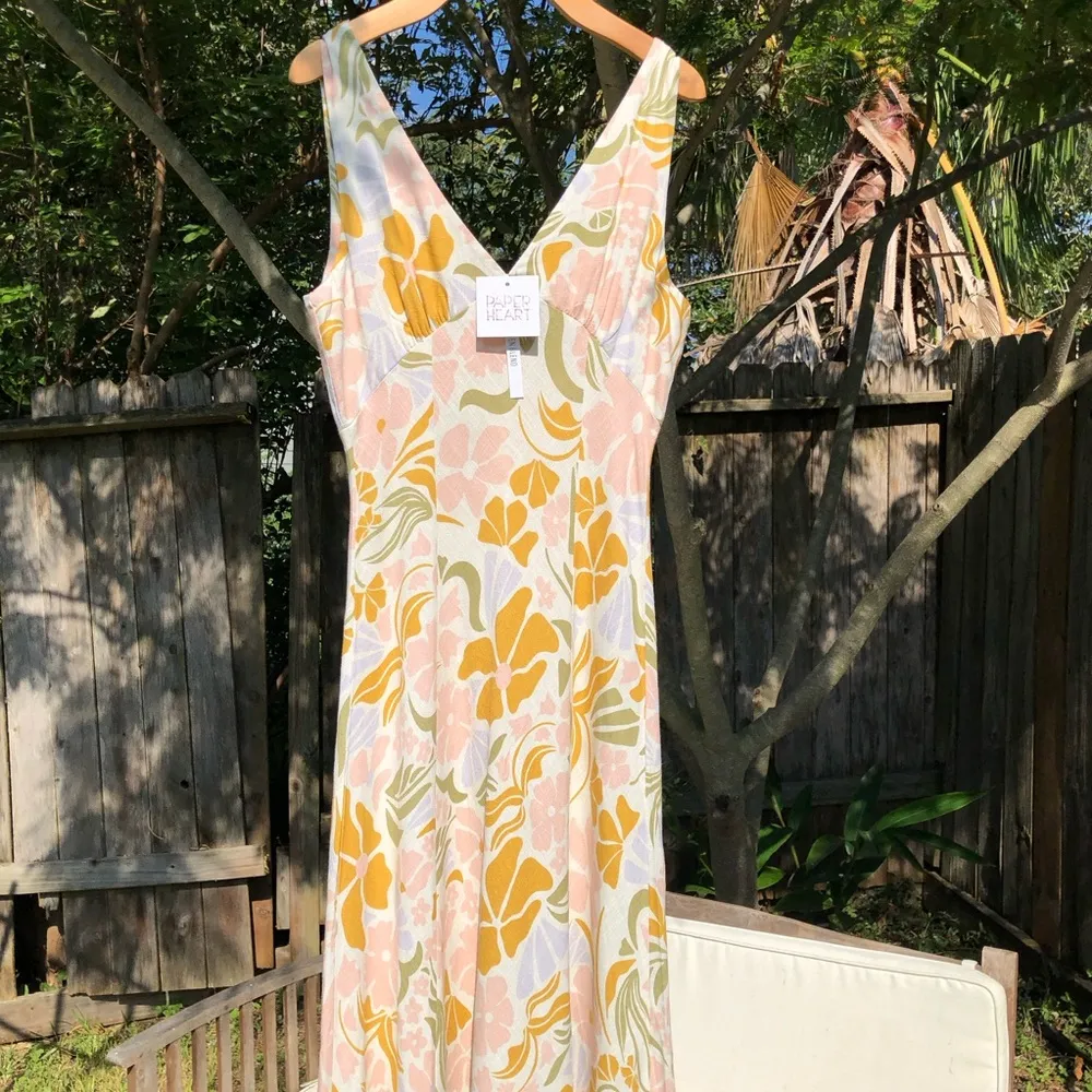 Linen Blend Pastel Floral Print Maxi Dress M - Image 4