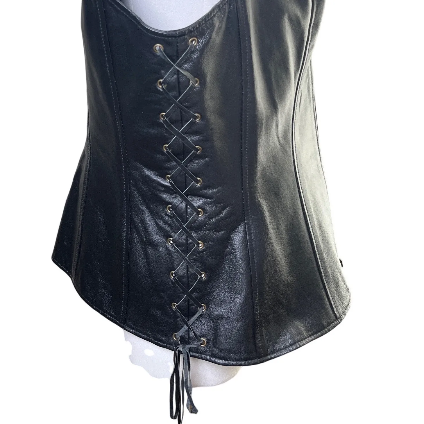 Black Leather Moto Vest Lace Up Sides Zip Front Newport News Womens 12 - Image 4