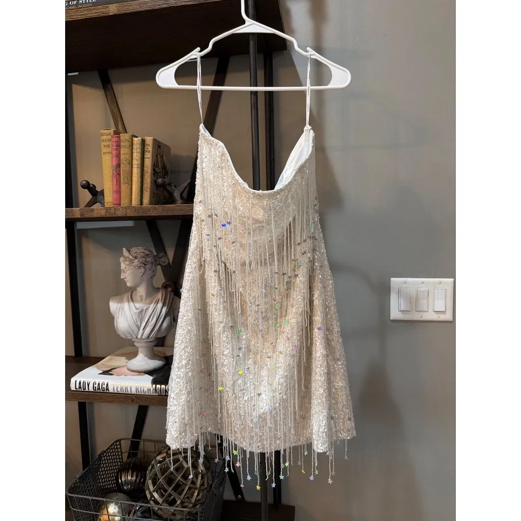 retrofete Heather Sequin Star Fringe Dress White with Stars Womens Size XL - Image 7