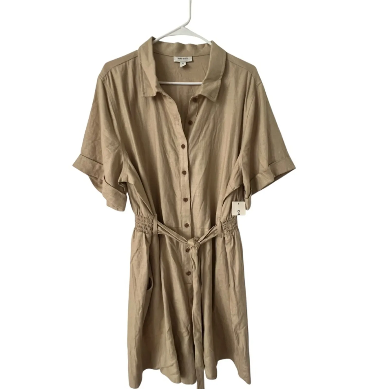 Womens XL Romper Shorts Linen Jumpsuit Classic Resort Elegant Preppy Boho Cruise Tan - Image 11