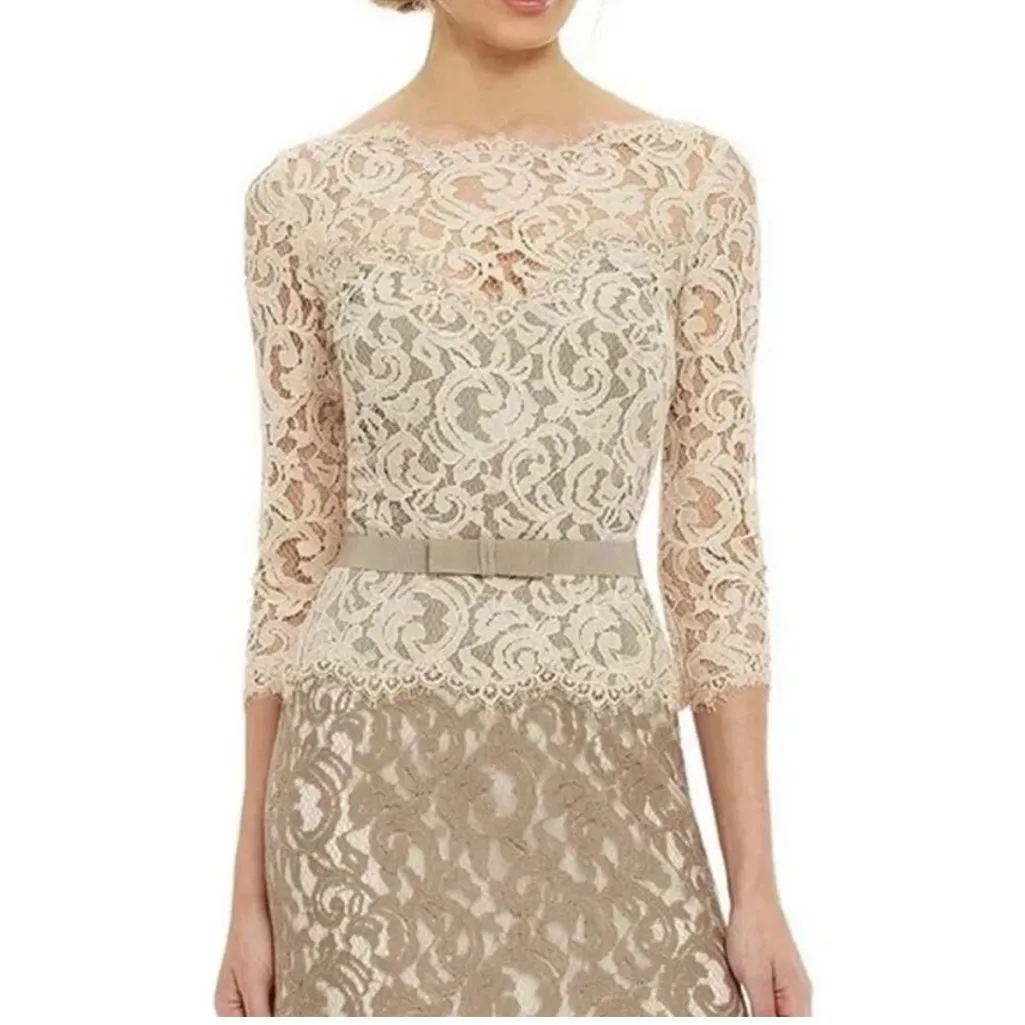 Tadashi Shoji BHLDN Anthropologie Lace Boatneck 3/4 Sleeve Gown Cream Dress 12 - Image 4